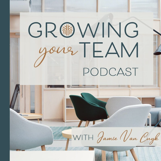 This image features the cover art for the "GROWING your TEAM PODCAST with Jamie Van Cuyk". The podcast title is overlaid on a transparent white background that allows a view of a modern office space with stylish chairs in the background. The chairs are in shades of green and gray, arranged around light wooden tables. The title uses a mix of serif and sans-serif fonts in black and gold colors, with a small graphic of a tree inside a circle, symbolizing growth, placed within the word "GROWING". The overall design conveys a professional and clean aesthetic associated with business and team development.