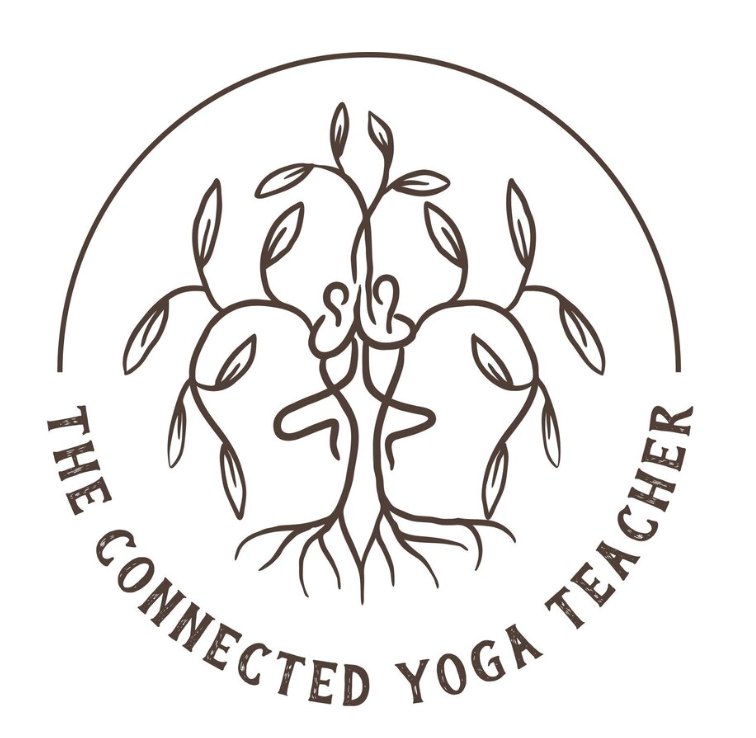 This image features a circular logo with a line art design. In the center, there's an illustration that combines elements of human figures and a tree. Two mirrored figures appear to be seated back-to-back with their legs extended, arms raised overhead, and hands touching to form the shape of a tree with branches and leaves. The figures' bodies and limbs represent the trunk and branches, respectively. Encircling this central design, the text "THE CONNECTED YOGA TEACHER" follows the curve of the circle. The artwork and text are all in a monochrome brown tone, suggesting a theme of nature, connection, and the practice of yoga.